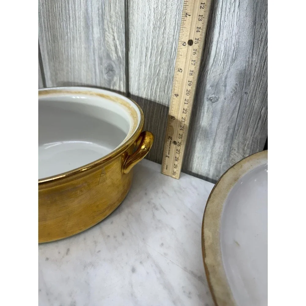 Hall China Golden Glo 22 Karat Gold Covered Casserole Dish Vintage Round 8 Inch